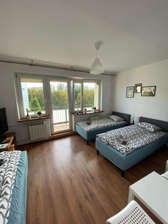 华沙Pokoje Bora-Komorowskiego的客房内设有两张床,铺有木地板,设有窗户。