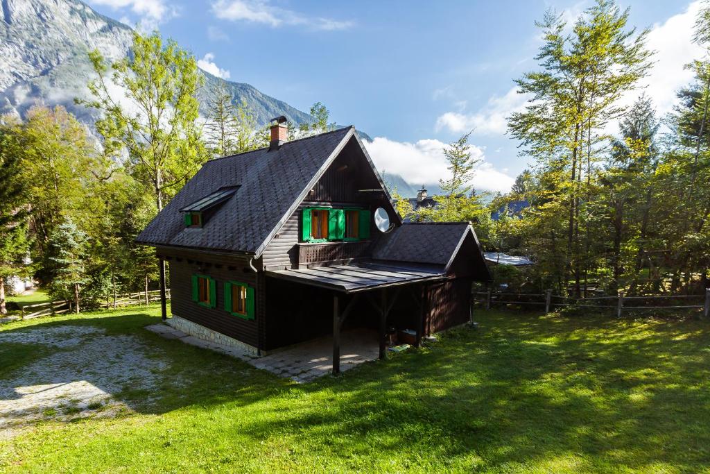 博希尼Holiday home Pri Metki - Bohinj的坐落在郁郁葱葱的绿色田野上的小房子