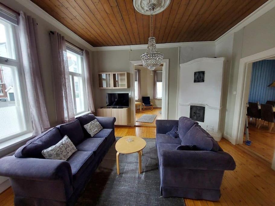 腓特烈斯塔Large, quiet and centrally located apartment的客厅配有蓝色的沙发和桌子