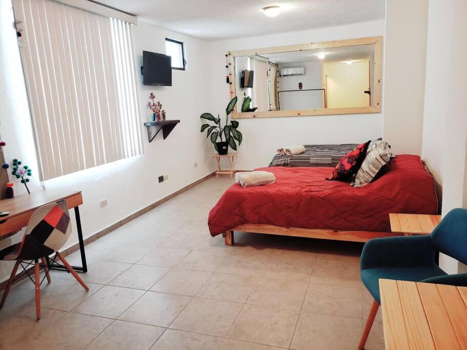 蒙特雷Hospedaje con vista a la ciudad的一间卧室配有红色的床和镜子