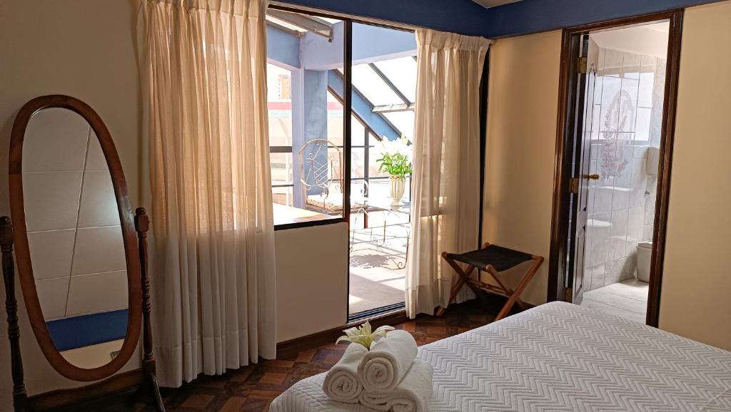拉巴斯雅莉格丝酒店的一间带床和镜子的卧室以及一个阳台