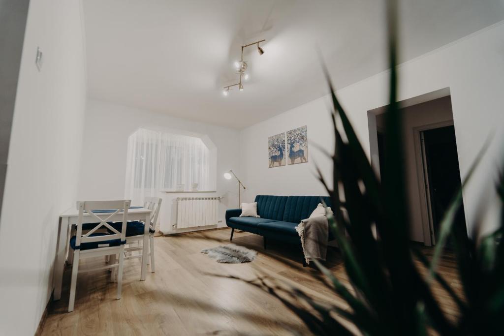 瓦特拉多尔内Apartamentul Albastru的客厅配有蓝色的沙发和桌子