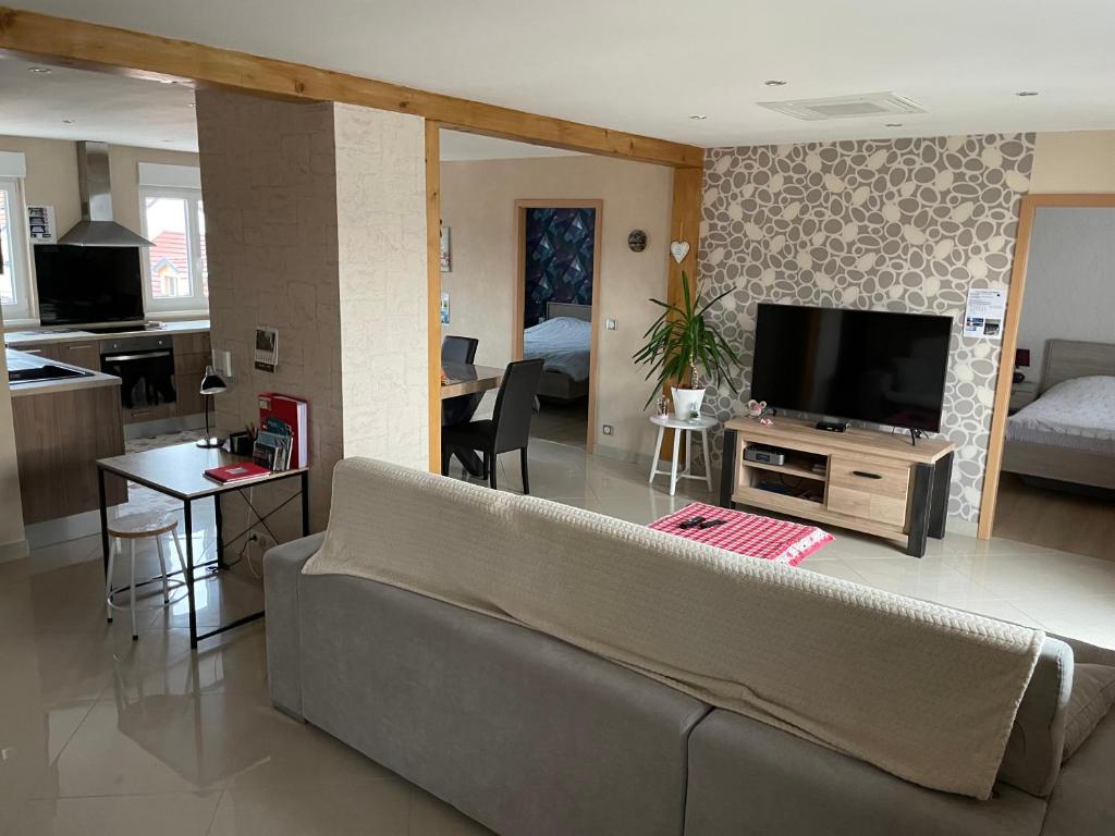 科尔马Appartements centre ville Colmar 4 familles的带沙发和电视的客厅以及厨房。