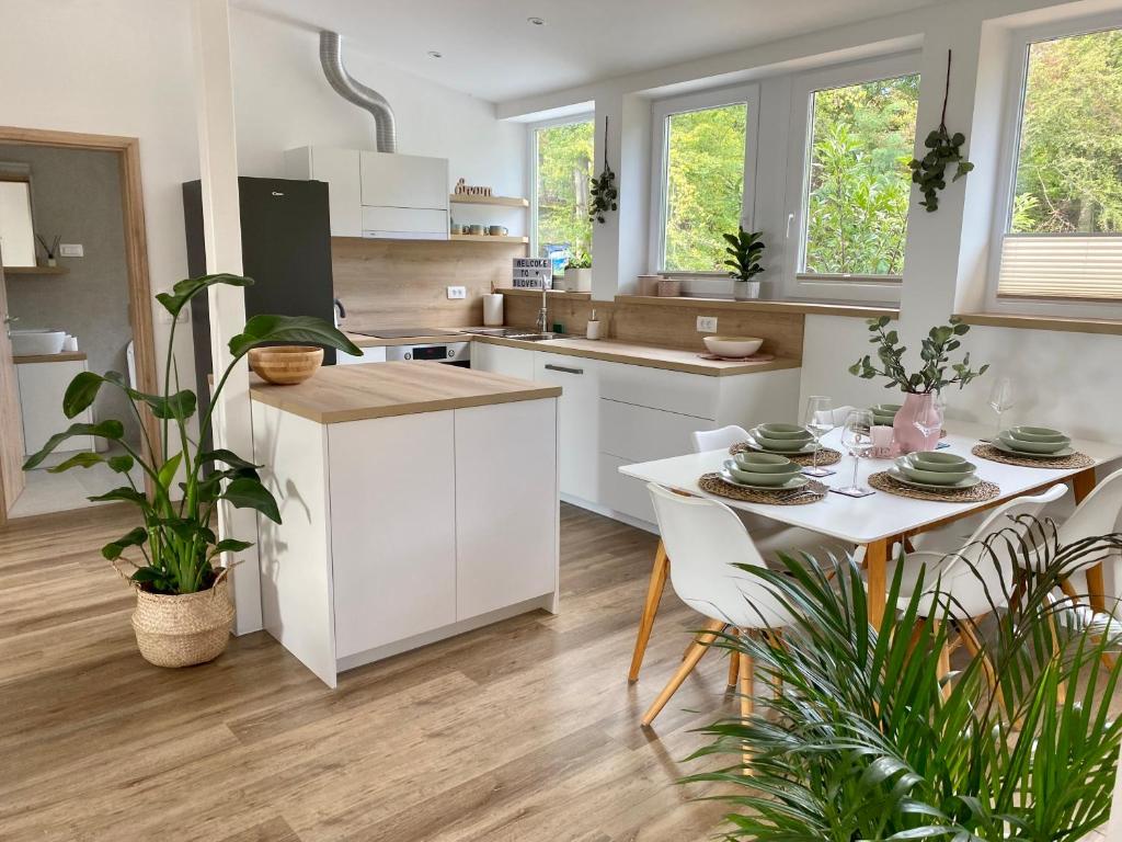 门奇斯Sunny Oak Estate的厨房配有白色橱柜和植物桌子