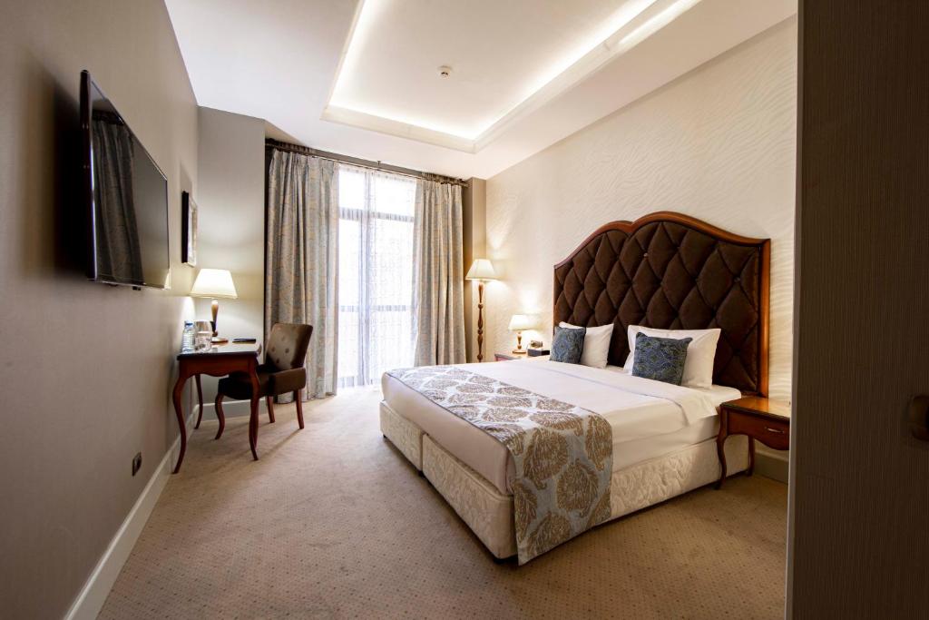 巴库蓝宝石旅馆酒店的酒店客房设有一张大床和一张书桌。