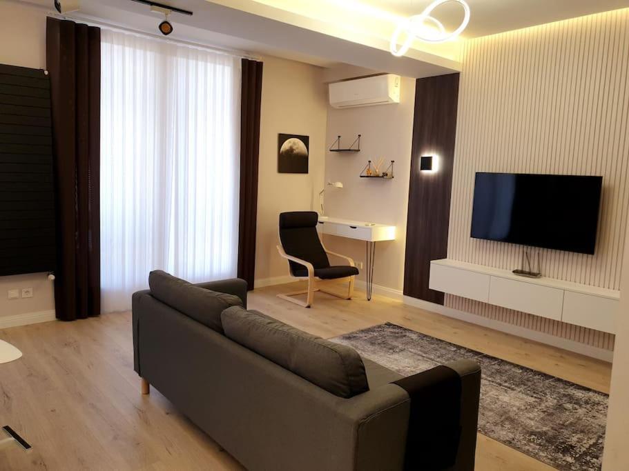 杜尚别Lovely 1-bedroom rental unit in downtown的带沙发和电视的客厅