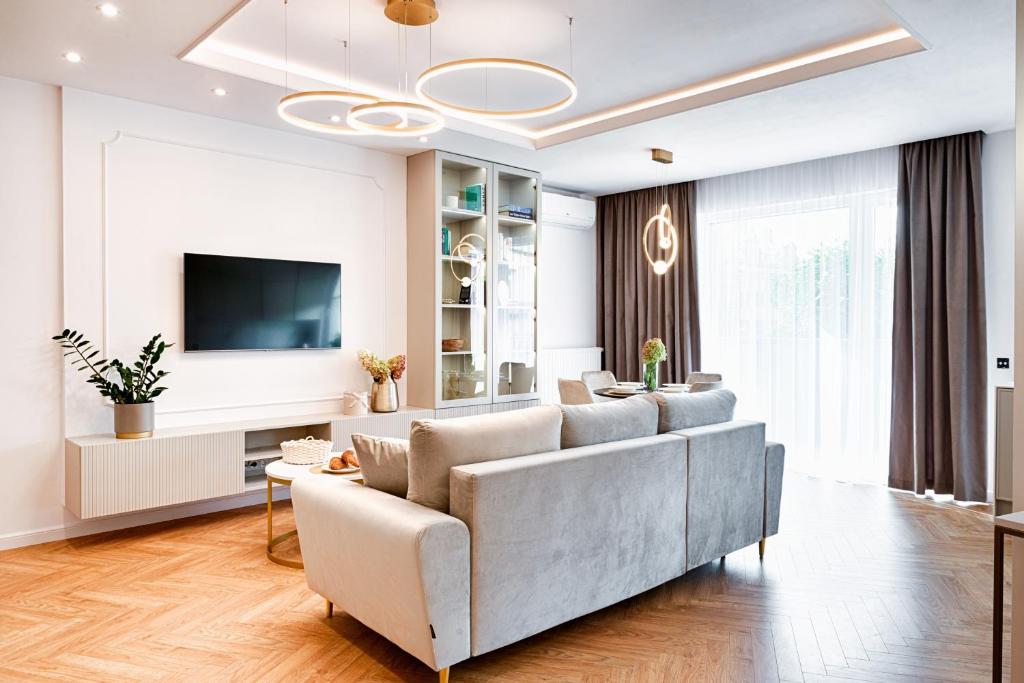 罗兹Wyjątkowy Taupe Apartament w centrum Łodzi的带沙发和电视的客厅