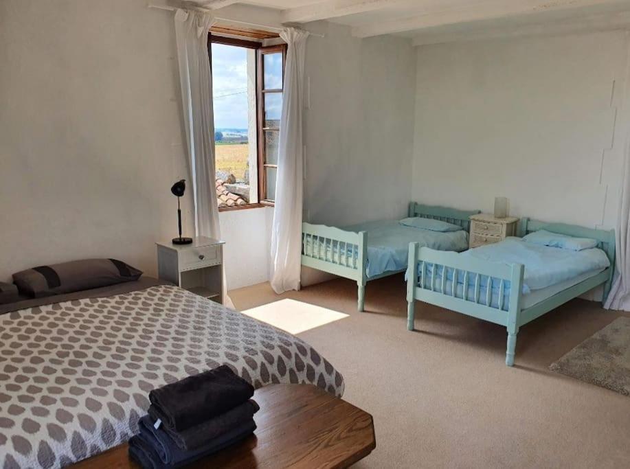 BlanzacFrench Farmhouse Retreat with pool & superb views.的一间卧室设有两张床和窗户。