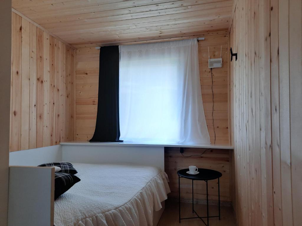 卡兹贝吉Tiny House Kazbegi的一间小卧室,配有床和窗户