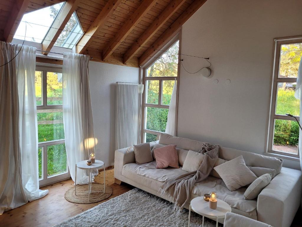 巴林根Architektenhaus Albblick的带沙发的客厅和部分窗户。