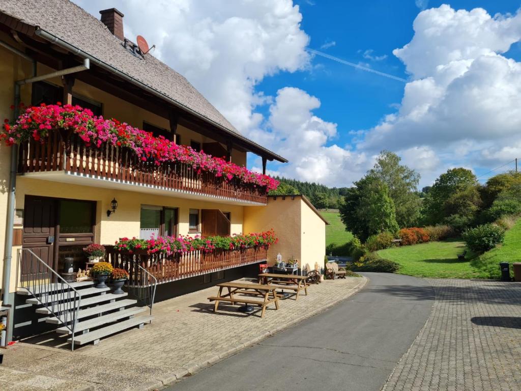 ÜdersdorfGasthaus Paula的阳台上的鲜花建筑