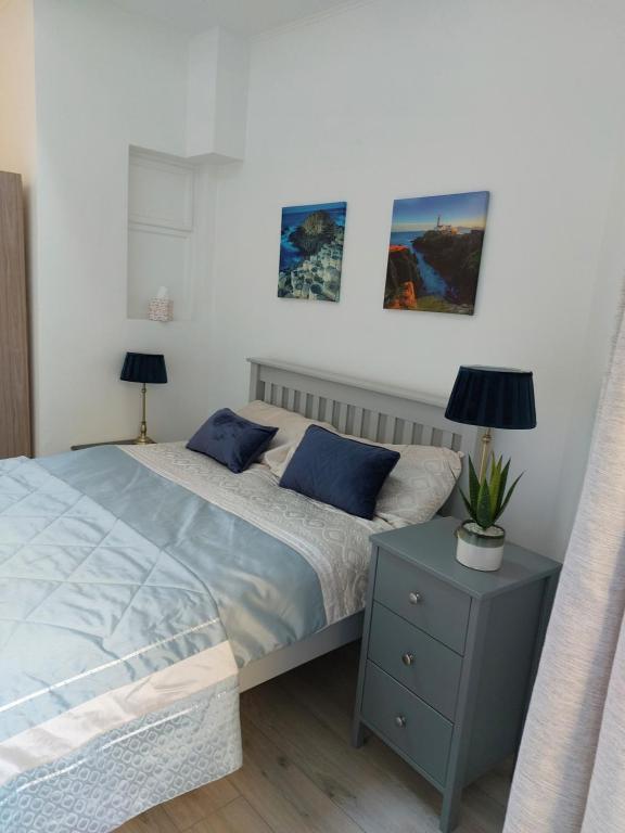 都柏林Seaside Apartment with Seaview in Dublin 3 close to city centre的一间卧室配有一张床、床头柜和两盏灯。