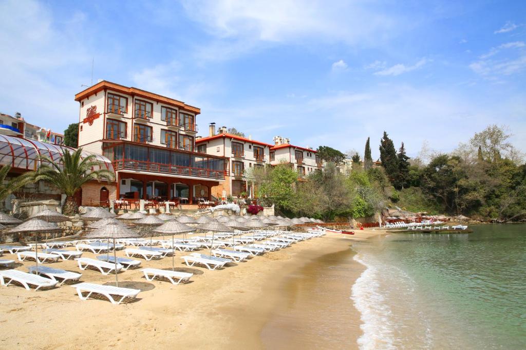锡诺普希诺普古董奥特尔酒店的一个带躺椅的海滩和一家酒店