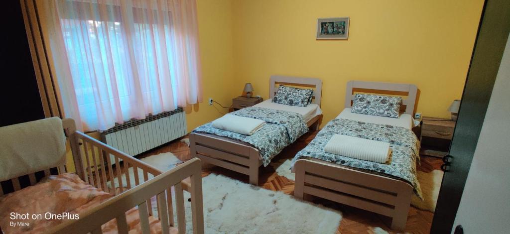皮罗特Apartman "Dom Stankovića"的一间小卧室,配有两张床和窗户