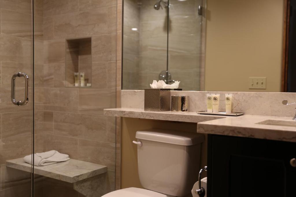 帕克城Studio Hotel Room的带淋浴、卫生间和盥洗盆的浴室