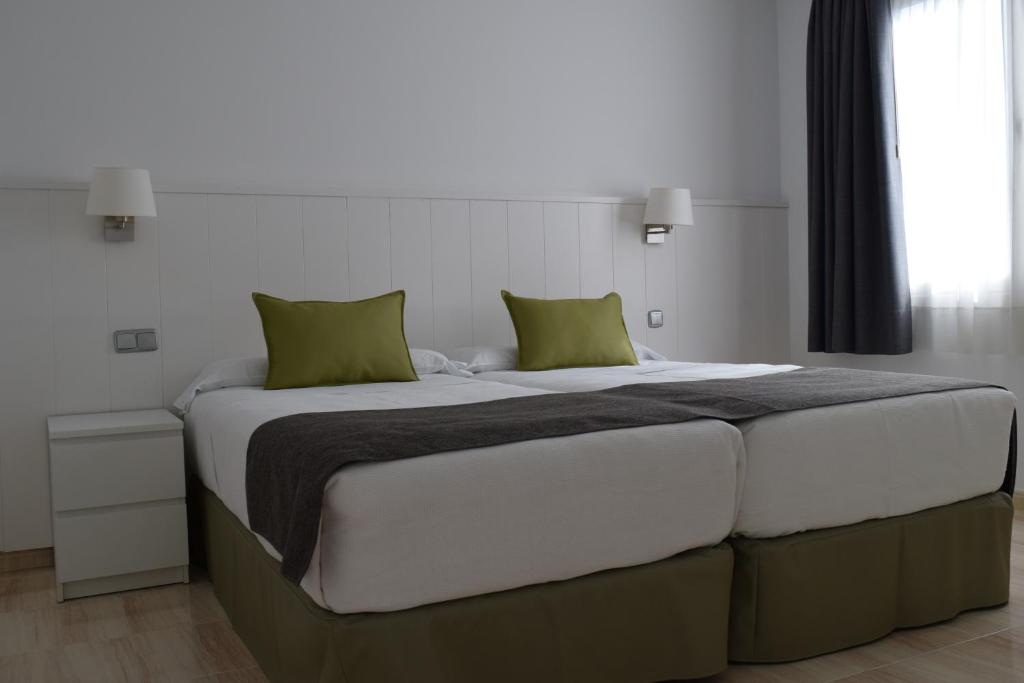 大加那利岛拉斯帕尔马斯Apartamentos Hotel Parque的一间卧室配有一张带绿色枕头的大床