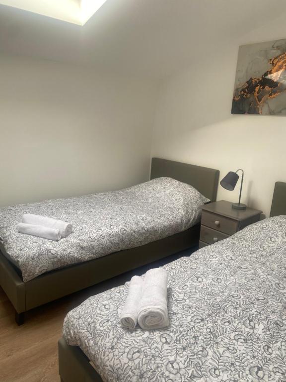 利克Town Centre Apartment的一间设有两张床铺和毛巾的房间