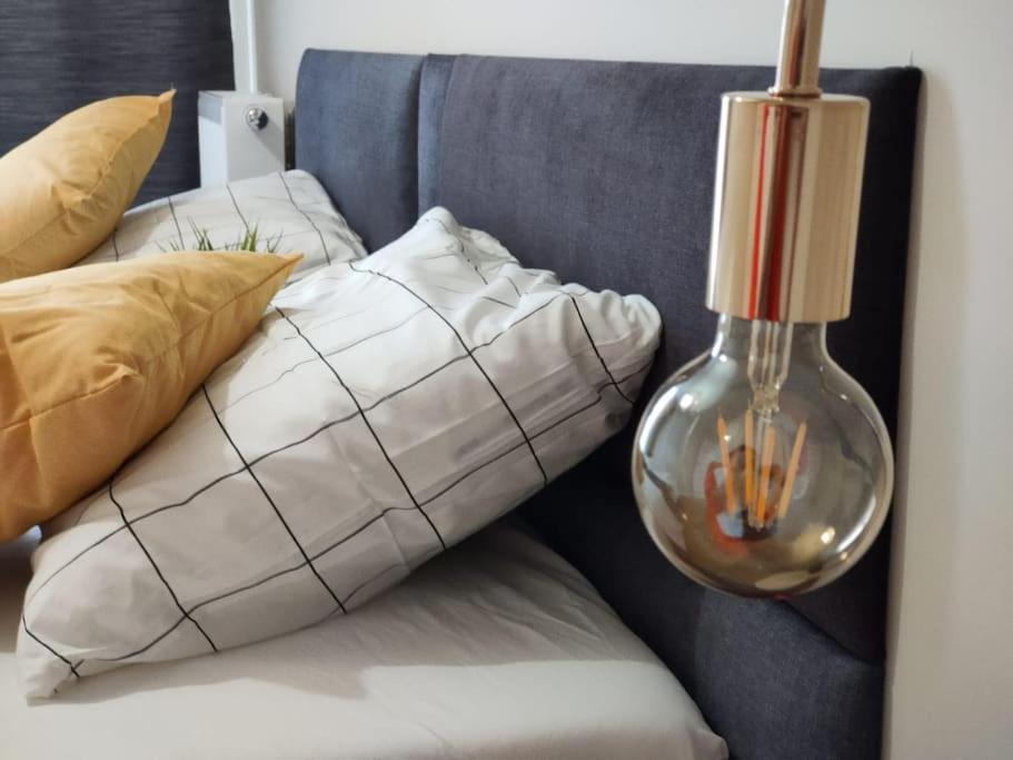 卡托维兹Piękny apartament 3-pokojowy的一张带枕头的沙发以及一盏灯