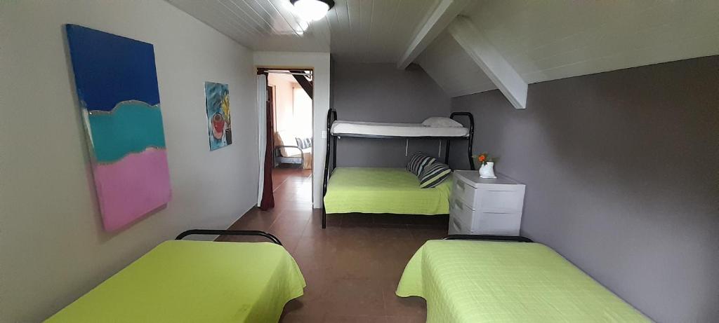 塞罗阿苏尔El Nido Cerro Azul的配有绿床单的客房内的两张床