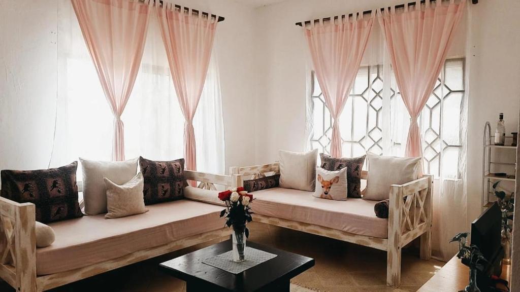 瓦塔穆Marion's incredible 2 bedroom apartment的客厅设有大沙发和窗户。
