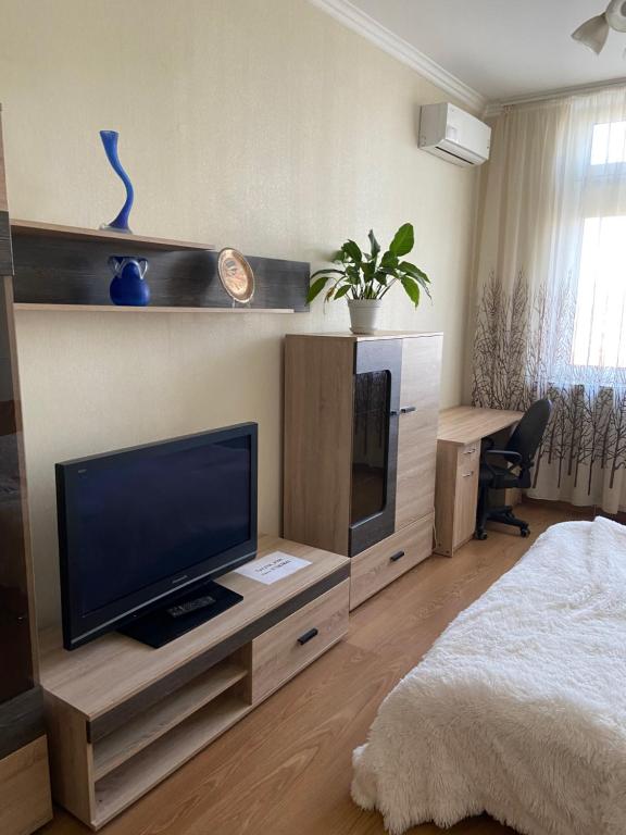 基辅Rent Kiev Apartment 2 min metro Chernihivska的一间卧室设有平面电视和一张床。