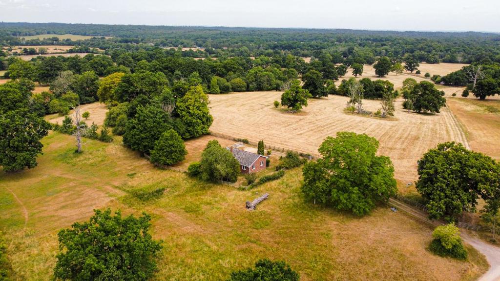 布罗肯赫斯特Secluded 3 bed cottage in private parkland的享有农场的空中景色,拥有田野和树木