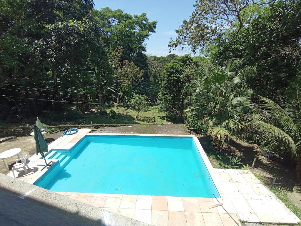 瓜皮米林Suítes Caminho das Rosas Experiência na Montanha的一座绿树成荫的庭院中的蓝色游泳池