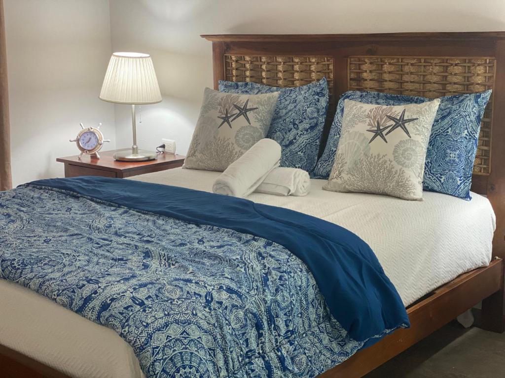 巴亚希贝Espectacular BZII, bayahibe的一间卧室配有一张带蓝色棉被和枕头的床