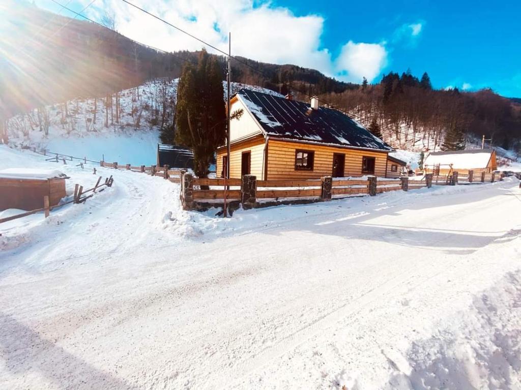 Horná TureckáChata u Petrenkov的雪地小木屋,带栅栏