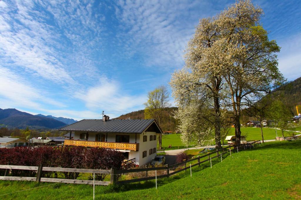 柯尼希斯湖畔舍瑙Ferienwohnung Alpenblume Königssee的田野中的房屋,有栅栏和树