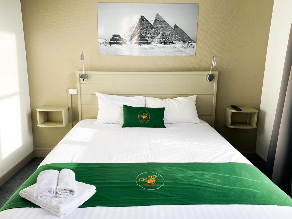 尼奥尔Colette Hôtel的一间卧室配有一张带绿毯和金字塔的床。