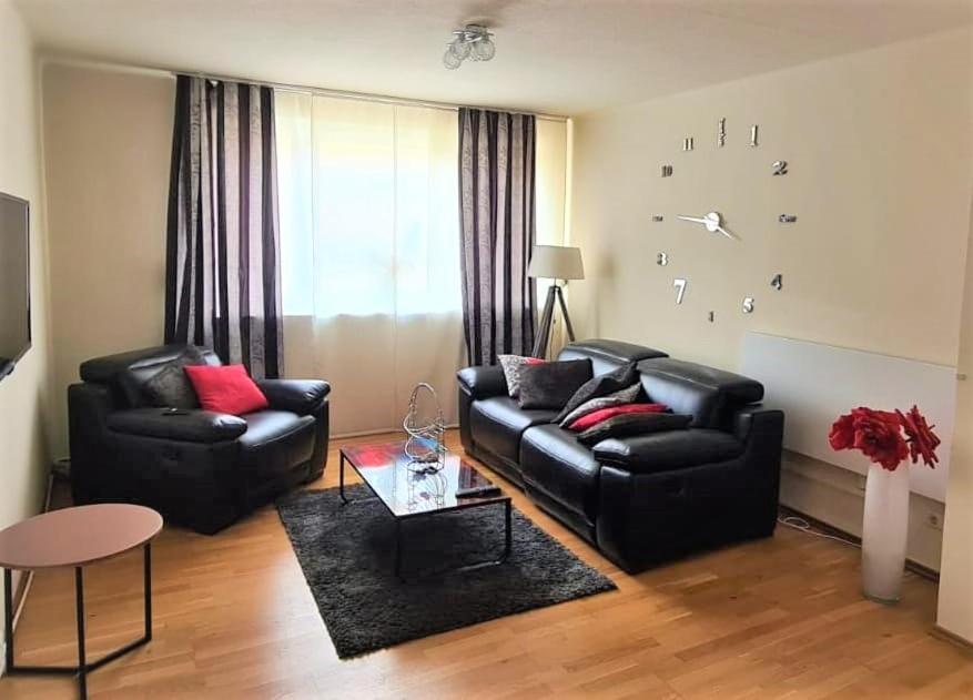 霍夫Apartment Hof-Bayern的客厅配有两张黑色皮革沙发和一张桌子
