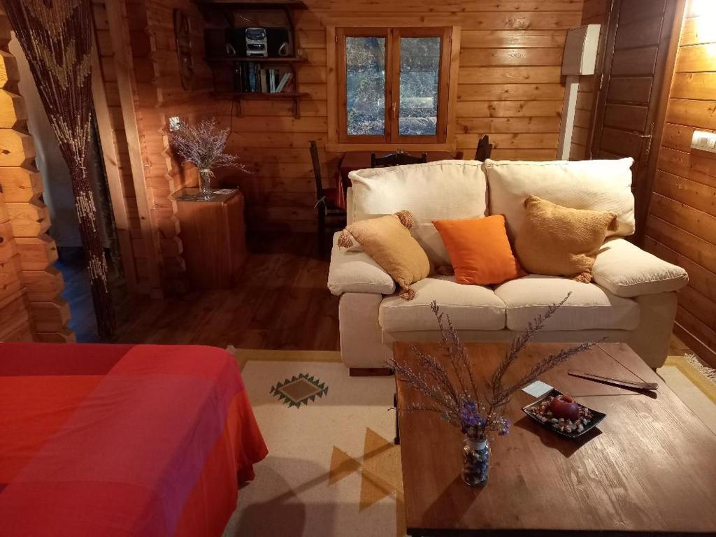 A XesteiraVeiga Mariña的小屋内带白色沙发的客厅