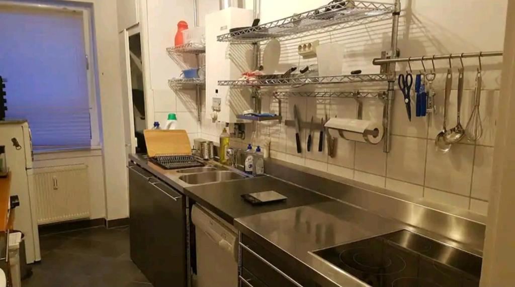 美因河畔法兰克福Apartment im Zentrum的厨房配有不锈钢台面和水槽