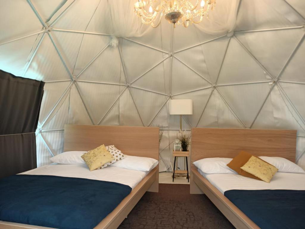 新加坡Seaside Glamping@Heritage Chalet的带三角墙的客房内的两张床