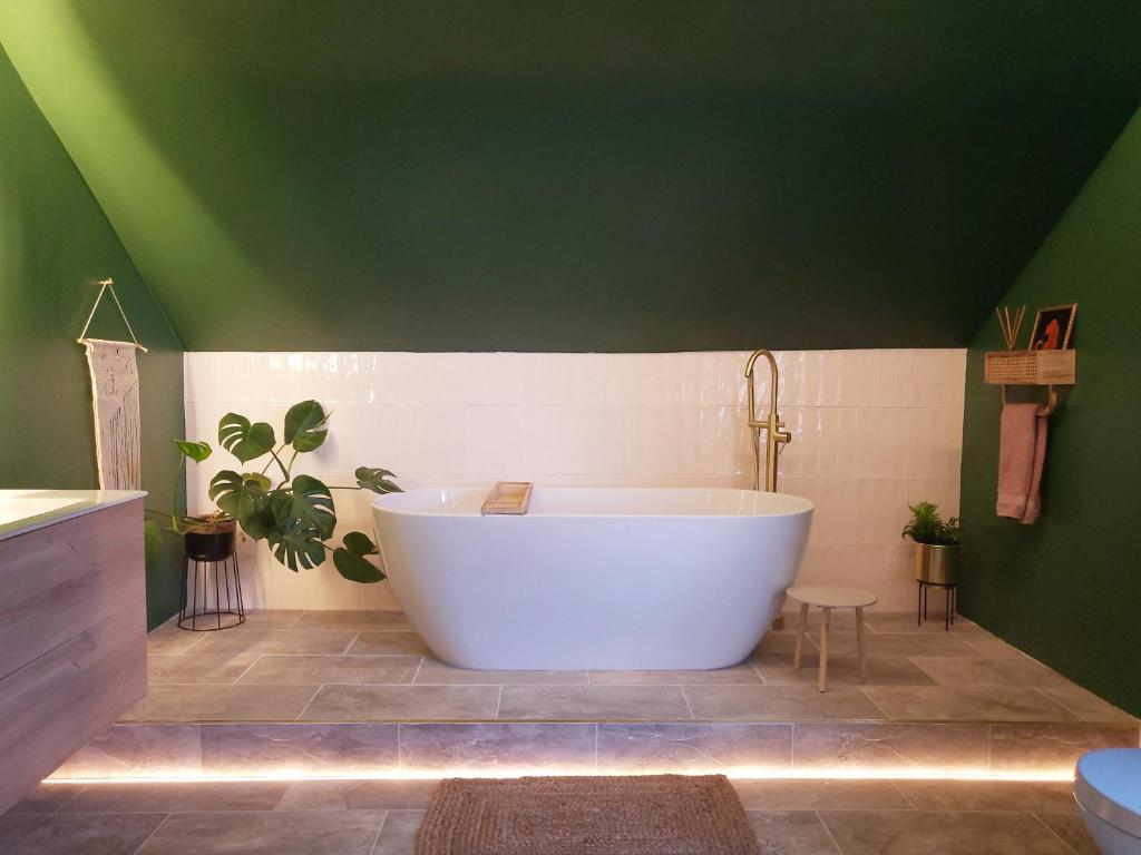 谢菲尔德Luxury 4 Bed Family property in popular location的设有带大型浴缸的浴室,浴室拥有绿色的天花板