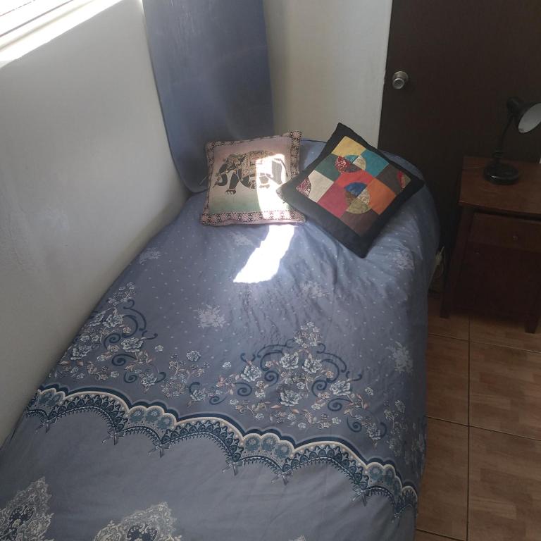 圣地亚哥Katia的一张带蓝色棉被和枕头的床