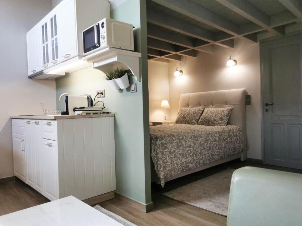 阿拉霍瓦Casa Carina, Arachova的一间小卧室,配有一张床和一台微波炉