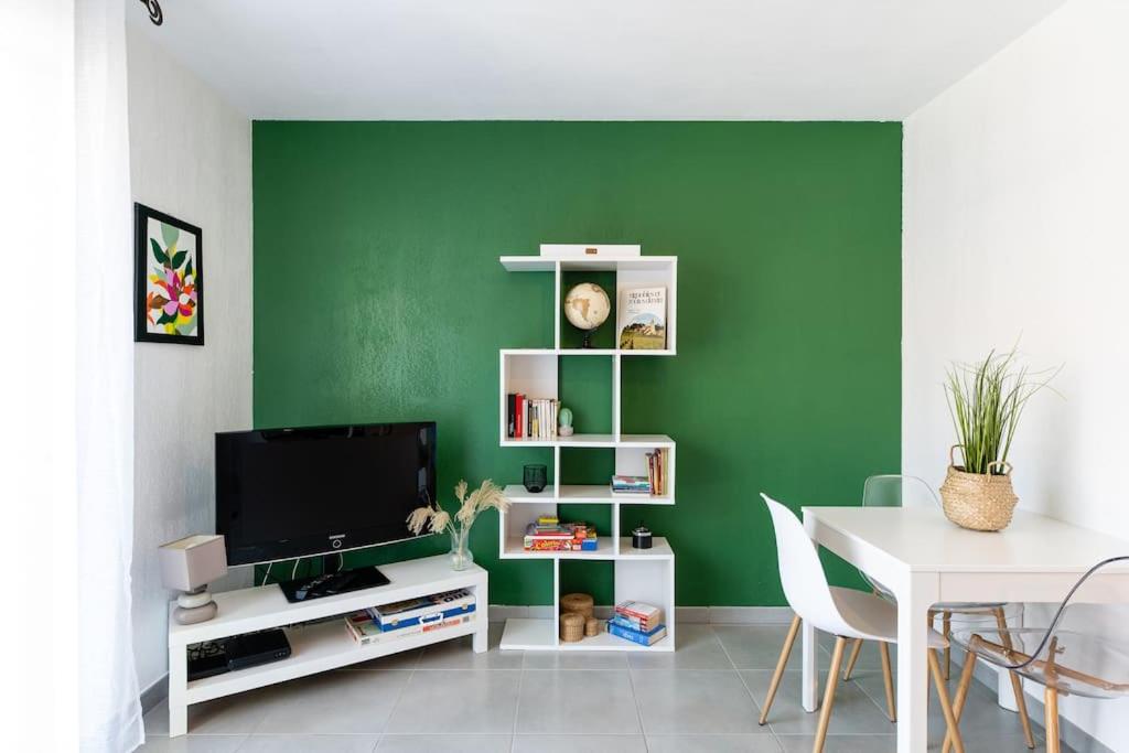 比斯卡罗斯Appartement cosy的客厅设有绿色的墙壁和电视。