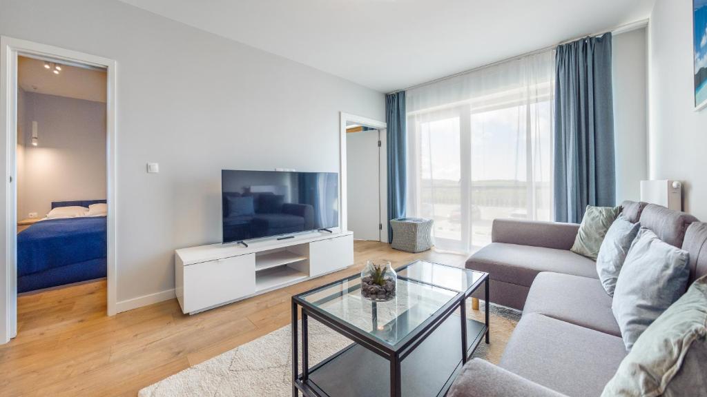 萨比诺瓦Apartamenty Sun & Snow BLUE II的带沙发和电视的客厅