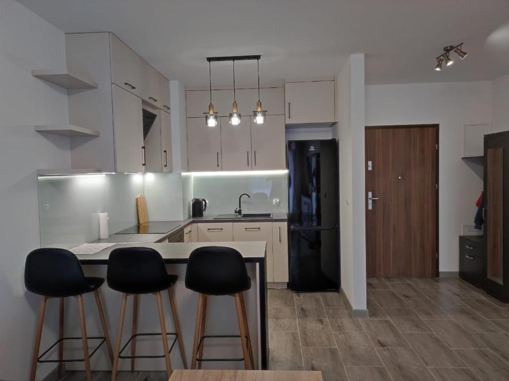 奥莱茨科Apartament Parkowa的厨房配有白色橱柜和黑色家电
