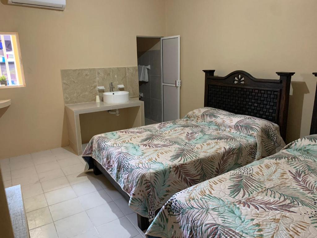 萨利纳克鲁斯Casa de los abuelos的一间卧室配有两张床和水槽