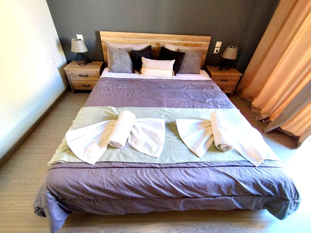 沃洛斯Sophie's Guest House的一间卧室配有一张大床和两个枕头