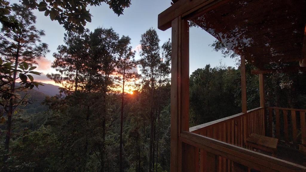 El PacíficoCabaña en el Bosque de San José del Pacífico的从小屋的门廊欣赏日落美景