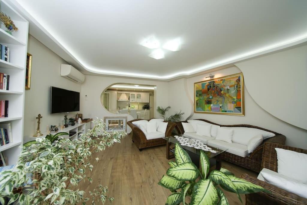 扬博尔Аристократичен апартамент в сърцето на Ямбол的客厅配有两张沙发和一台电视机