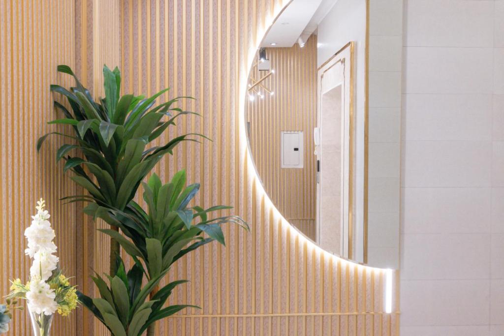 艾卜哈فندق واي هوتل的一间带镜子和植物的浴室
