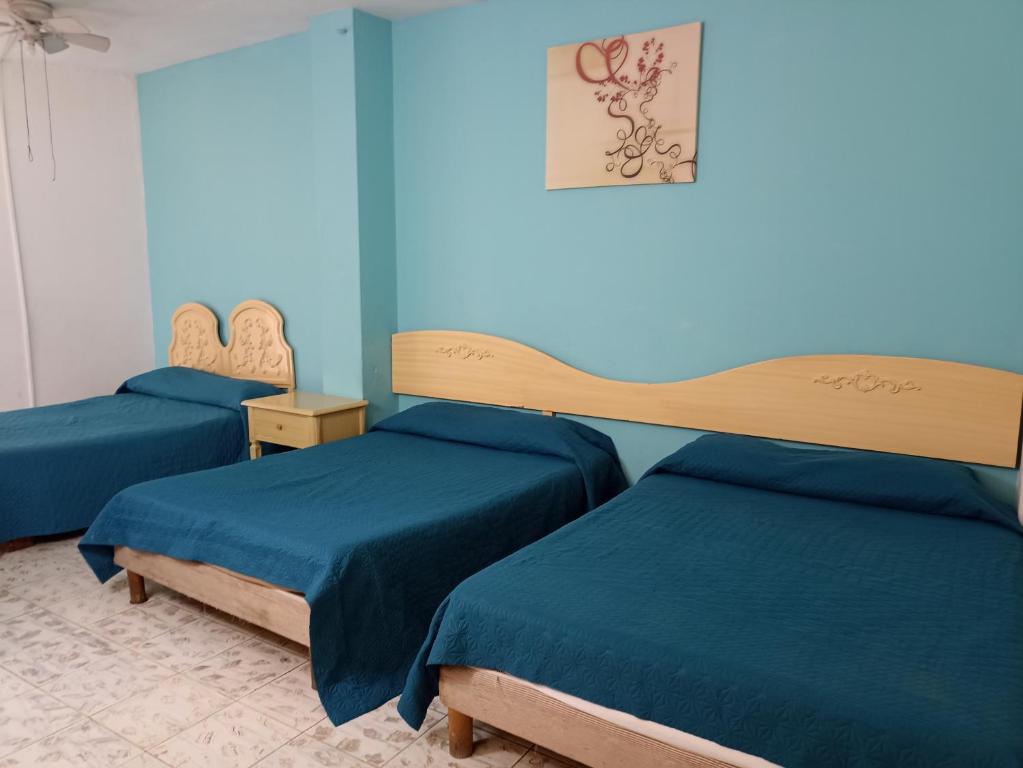伊拉普阿托圣卡洛斯酒店的蓝色墙壁客房的两张床