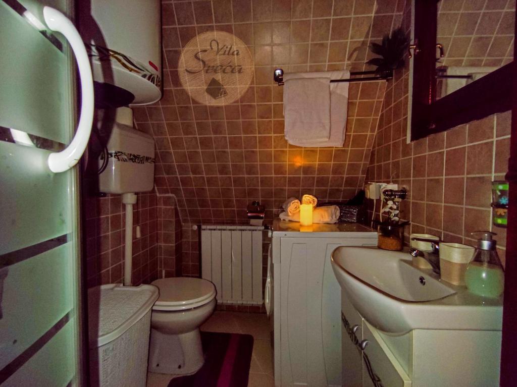科拉欣Vila Sreća - Kolašin的一间带卫生间和水槽的小浴室