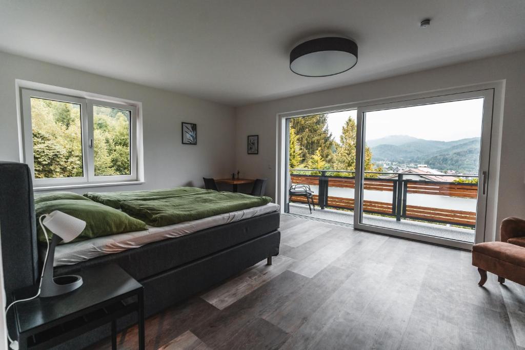 湖滨福煦Seeblick Homes的一间卧室设有一张大床和大窗户