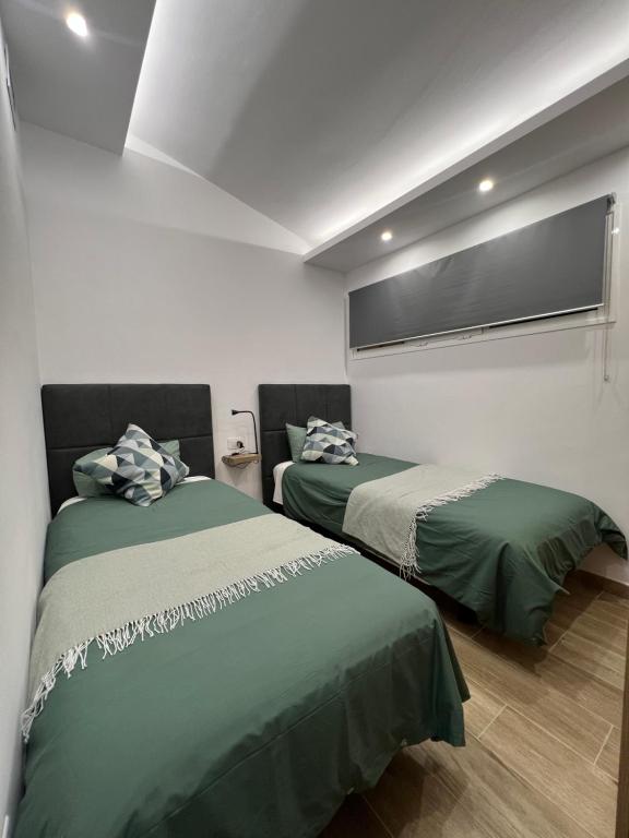 圣巴托洛梅V Macaronesia的配有绿床单的客房内的两张床